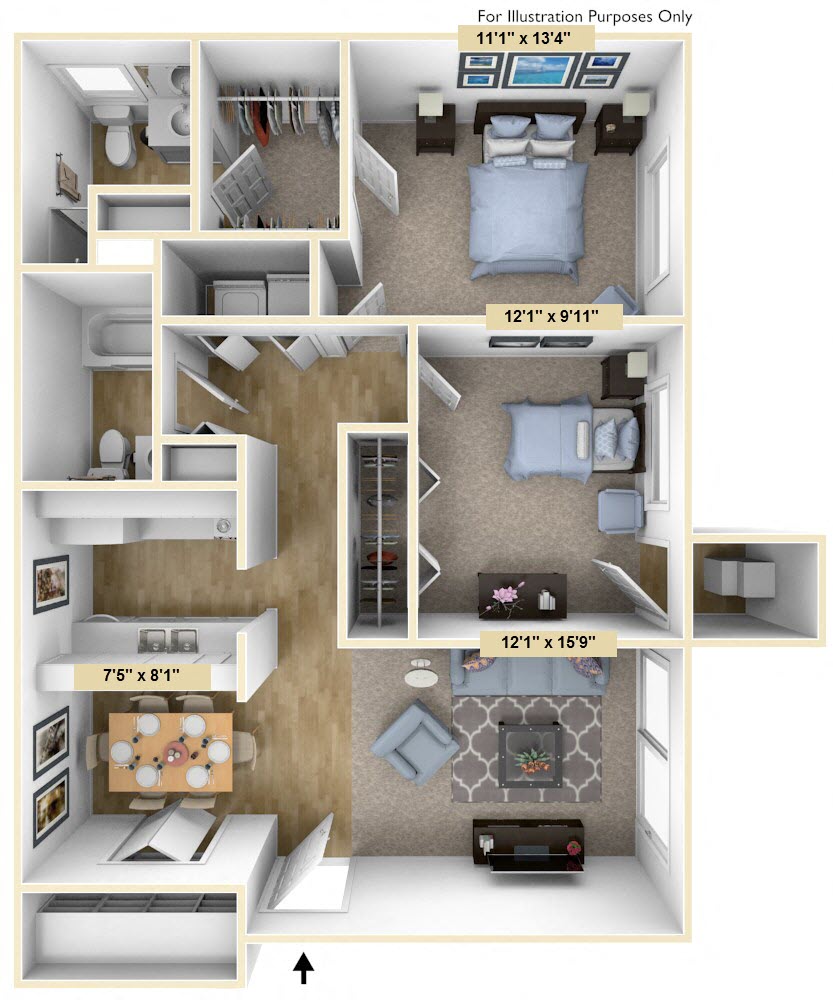 Floor plan for 2 beds, 2 baths, 1080 sqft